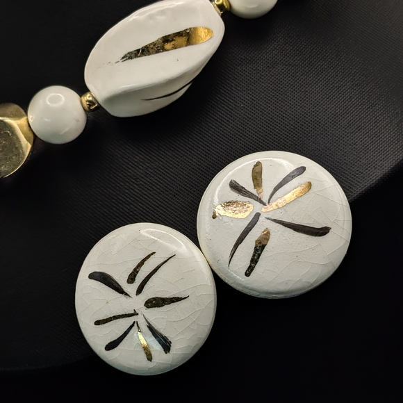 VINTAGE Japanese Hand Painted Ceramic Modernist Necklace & Clipon Earrings Set - Picture 3 of 11